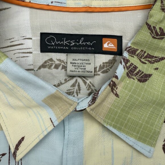 Quiksilver Waterman Mens XXL Hawaiian Shirt Palm Trees Blue Green Beige - Picture 4 of 6